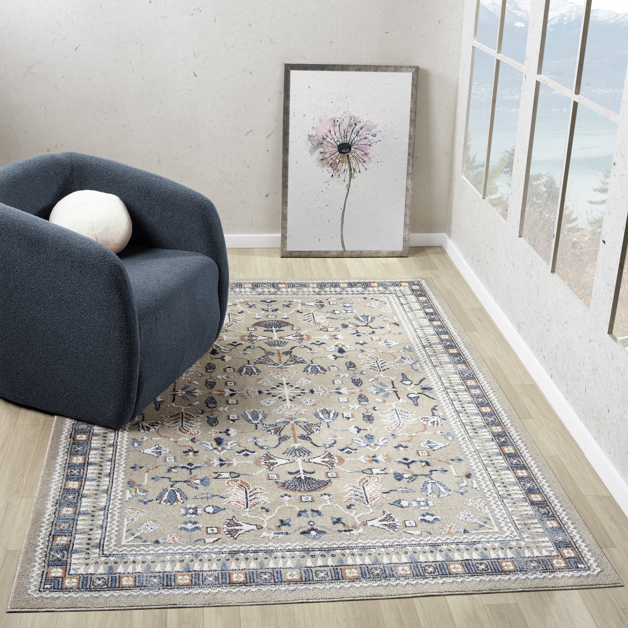 Ox Bay Wesley 5'3" x 7', Blue/Taupe Traditional Washable Indoor Area Rug by Evette Rios
