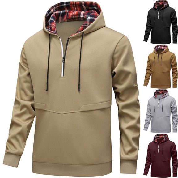 Men's Plaid Lined Hoodie 1/4 Zip Casual Streetwear Pullover Hooded Shirts Midweight Sweatshirt with Drawstring Ribbed Cuffs for Fall Winter Daily Wear, Khaki, XL