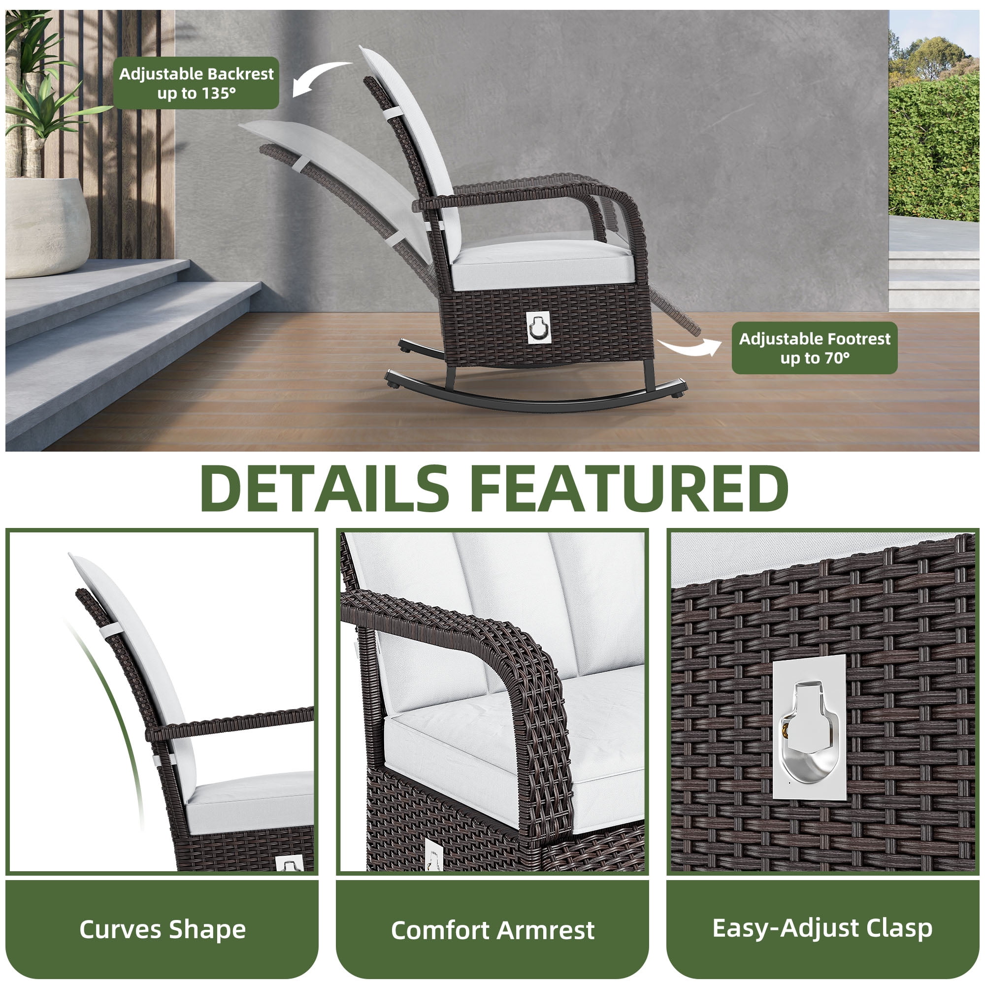 Uforic Outdoor Iron + PE Woven Rattan Rocking Chair with Footrest, Reclining, Brown Gradient Rattan & Beige Cushion, 2 Pcs