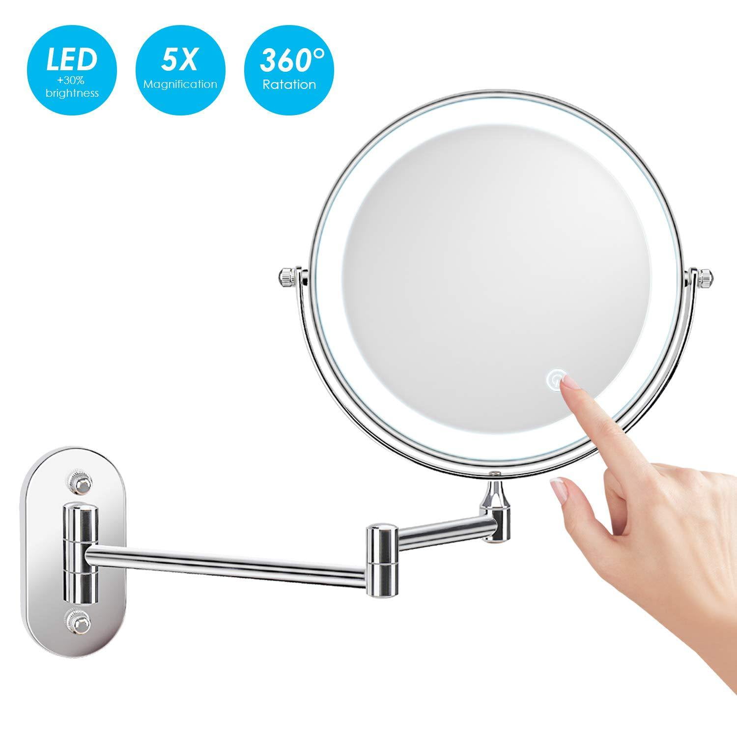 BOTU-TECH Wall-Mounted Makeup Mirror Shaving Mirror LED Lighted Mirror Bathroom Mirror for Hotel Vanity Adjustable Extendable Square 8inch 3x Magnifying Surface Chrome Finish（Sliver 