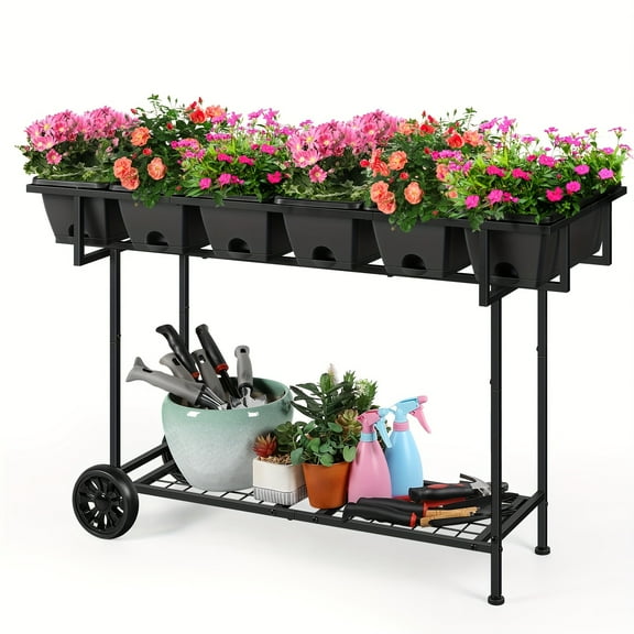 Raised Garden Bed With Wheels Elevated Planter Cart With Shelf And 6 Boxes For Flowers Veges Herbs Patio Backyard Balcony