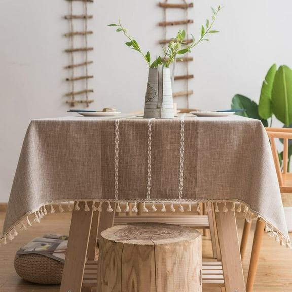 Linen Table Cloth Waterproof Cotton Fabric Farmhouse Burlap Rustic Boho Oblong Tablecloth for Party Holiday, Camping,Picnic,Kitchen and Dining Room Table Decor, Rectangle 55"x 102" Rustic Embroidered
