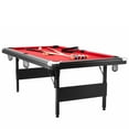 thumbnail image 1 of KFFKFF Pool Table, 7-foot, Compact Folding Design, Complete Billiard Set with Balls, Sticks, Chalks, and Brush, Black Frame with Red Felt, Ideal for Home Entertainment for All Ages, 1 of 9
