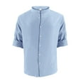 thumbnail image 6 of Iugvhana Mens Linen Shirts Cotton Casual Solid Color Regular Fit Button Down Shirt Long Sleeve Stand Up Collar Shirts Light Blue S, 6 of 6