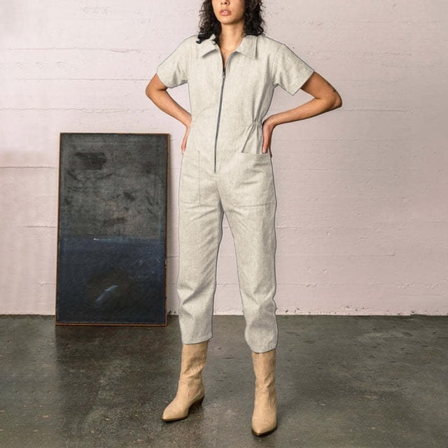 Pxiakgy Combinaisons pour Femmes Combinaison Utilitaire Courte Combinaison Décontractée à Manches Courtes avec Poches Combinaison Beige + m