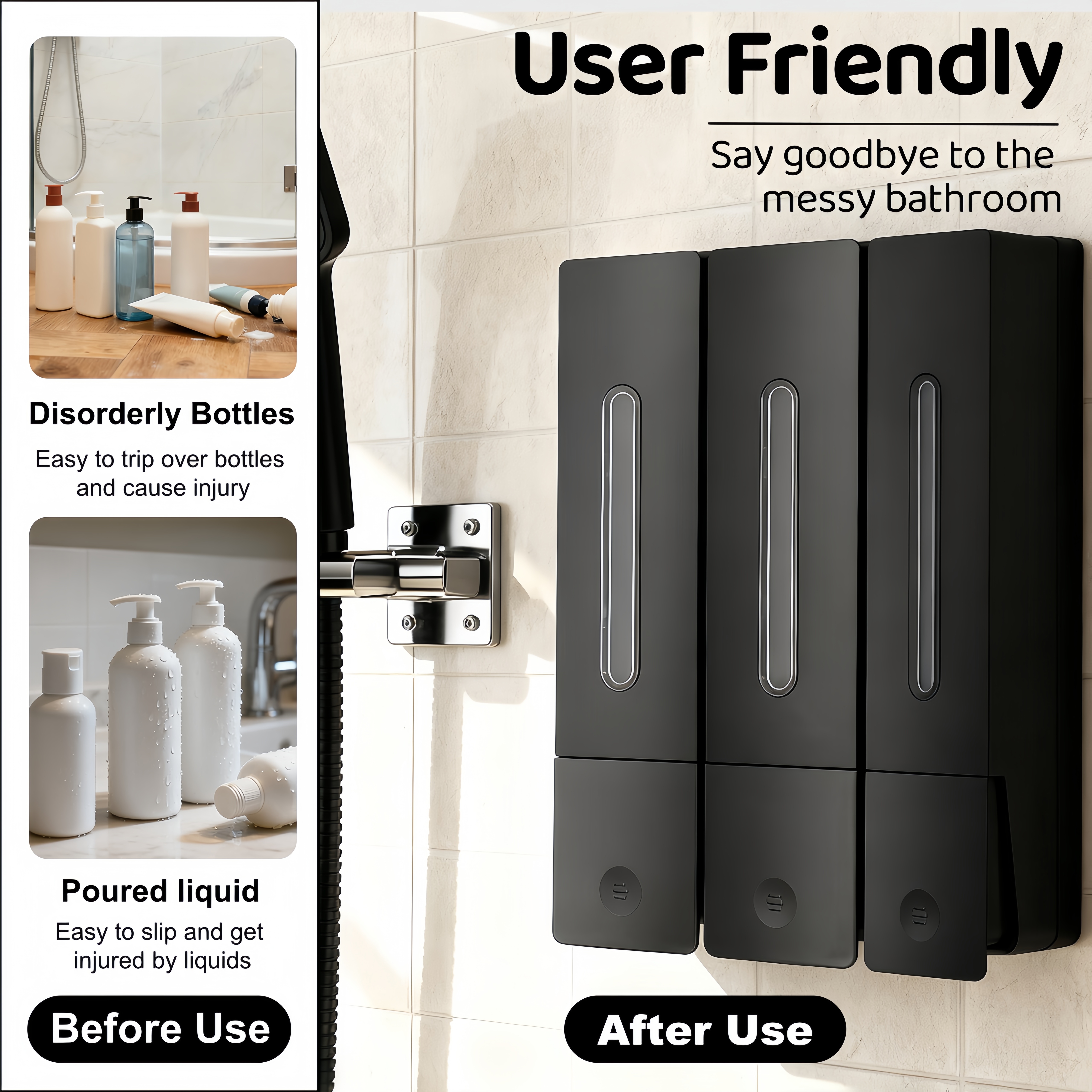 Shampoo and Conditioner Dispenser - Wall-Mounted 3-Chamber Shower Soap Dispenser, No-Drill, 1200ML Capacity, for Bathroom & Hotel