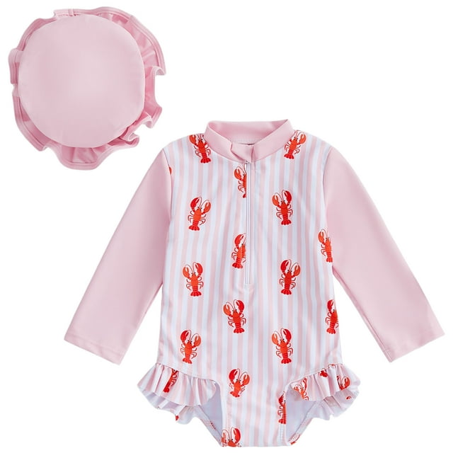 Zanarzt Rash Guard Baby Girl Toddler Baby Girl Swimsuit Long Sleeve Rash Guard Ruffle Zipper Swimwear with Hat Pink,18-24 Months