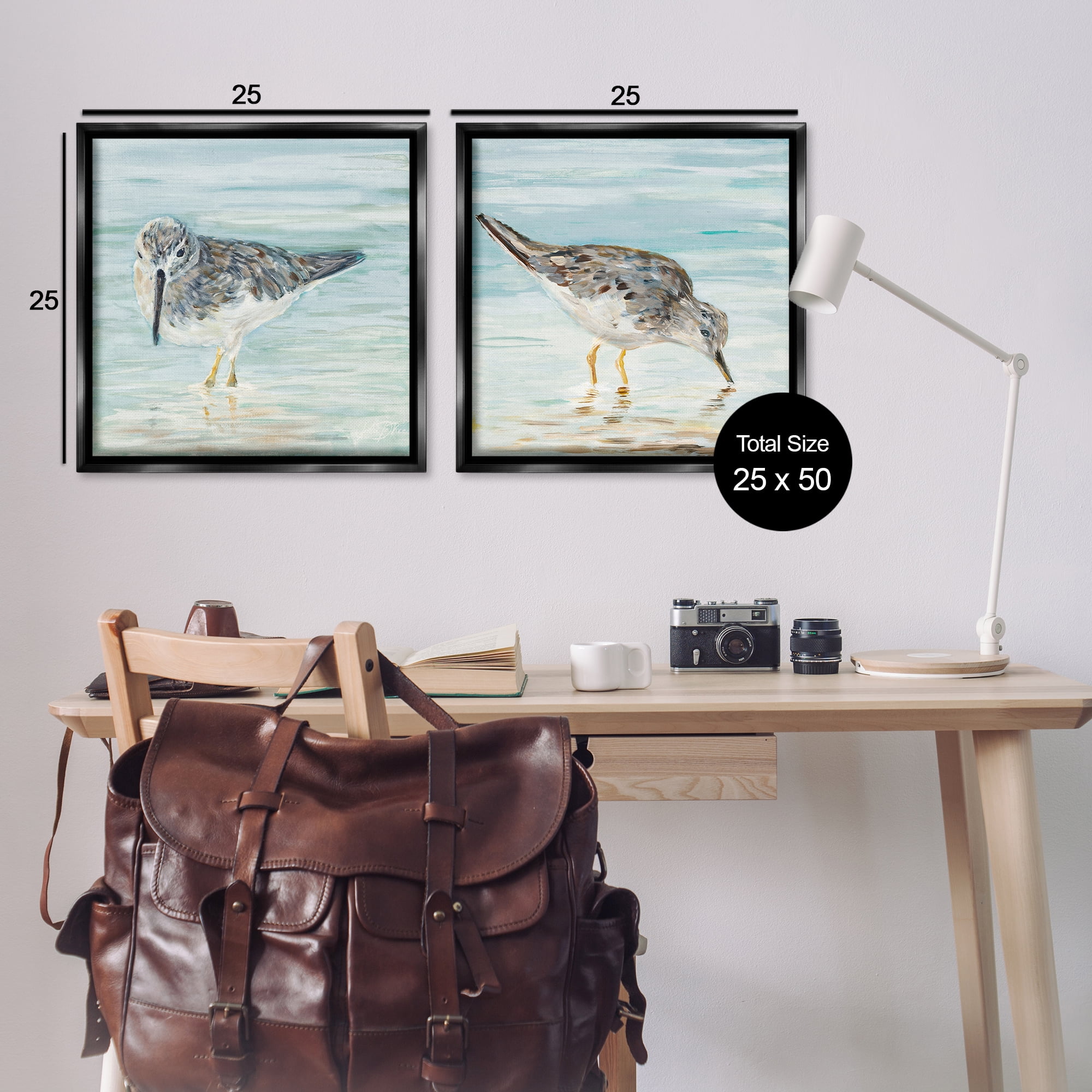 Stupell Industries Piping Plover Shoreline Birds Animals Painting Black Floater Framed Canvas Art Print Wall Art, 25 x 25, Set of 2
