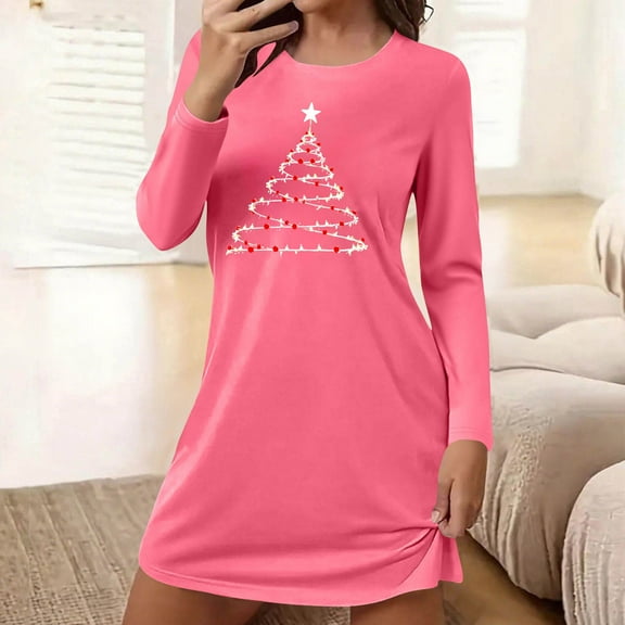 HOMBOM Womens Nightgowns Soft Christmas Nightwear Plus Size Long Sleeve Loose Hot Pink Vintage Xmas Nightdress for Women