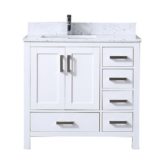 Jacques 36'' White Single Vanity  White Carrara Marble Top  White Square Sink and no Mirror - Left Version