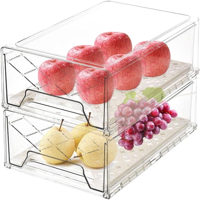 Eco-Friendly Food Grade PET Material Refrigerator Storage Organizers, Stackable Fridge Drawers, Produce Saver Containers, Bpa-Free, Space Saving, Multifunctional For Kitchen And More (Set Of 2)