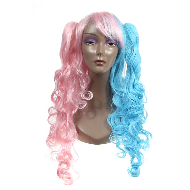 Humano Cabello Pelucas para Mujeres 28"+24" Rosa Azul Rizado Peluca con Peluca Gorra