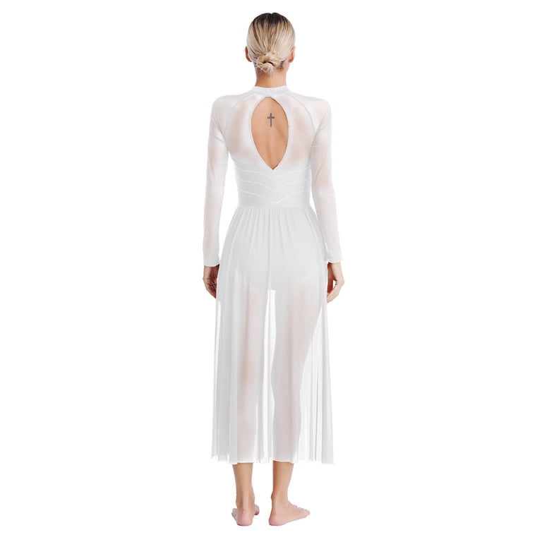 Aiihoo Womens Lyrical Dance Dress Glittery Rhinestones Sheer Mesh Flowy  Split Maxi Dress Leotard Dresses White M - Walmart.com