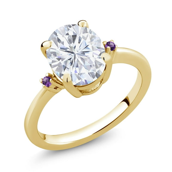 Gem Stone King 18K Yellow Gold Plated Silver White Moissanite and Purple Amethyst 3 Stone Ring for Women (3.04 Cttw, Oval 10X8MM, Gemstone Birthstone, Size 6)