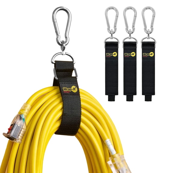 Hook 'n Hang Wrap-It Storage Straps - 18" (3-Pack) Black - Carabiner Straps to use as an Extension Cord Holder with Hooks