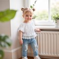 thumbnail image 2 of BemeyourBBs Toddler Baby Girls Summer Clothes Infant Baby Girls Denim Outfit Off Shoulder Tops Bell Short Sleeve Lace Shirt Top Ripped Jeans Denim Pearl Pants Set, 2 of 9