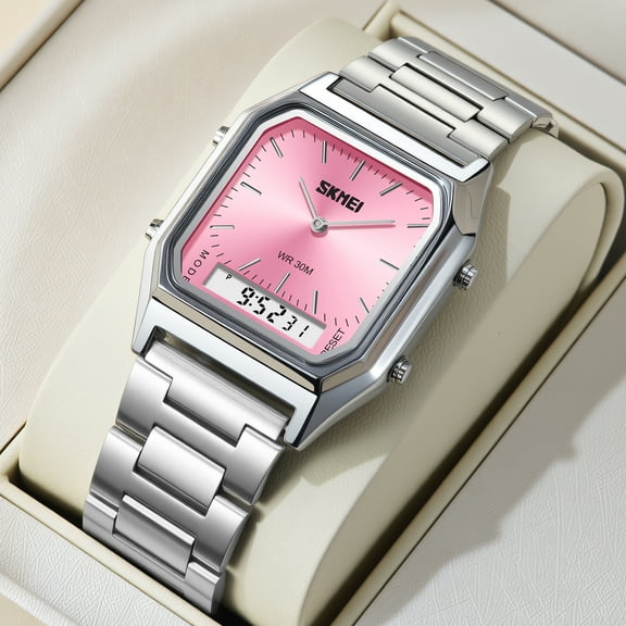 2025 New Square Watch for Women & Students: Stainless Steel Band, Digital Analog Display, Alarm & Luminous Dial