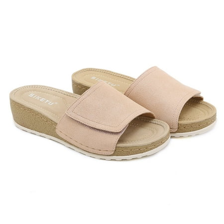 

VKEKIEO Peep Toe House Slippers For Women Mid Heel Wedge Pink