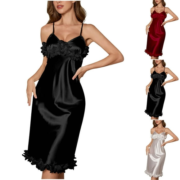 Fartey Chemise de Nuit en Satin à Fleurs 3D pour Femmes, Mode Élégante Bretelles Spaghetti Col en V Dos Nu Chemise de Nuit Douce et Confortable Sans Manches Noir G