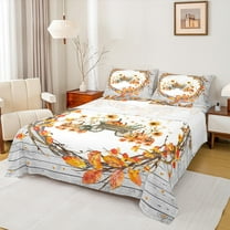 Feelyou Autumn Leaf Flower Twin Sheet Sets for Child, Halloween Fall Pumpkin Twin Fitted Sheet, Rustic Wooden Plank Flat Sheet, Breathable Home Decor, 3-Piece