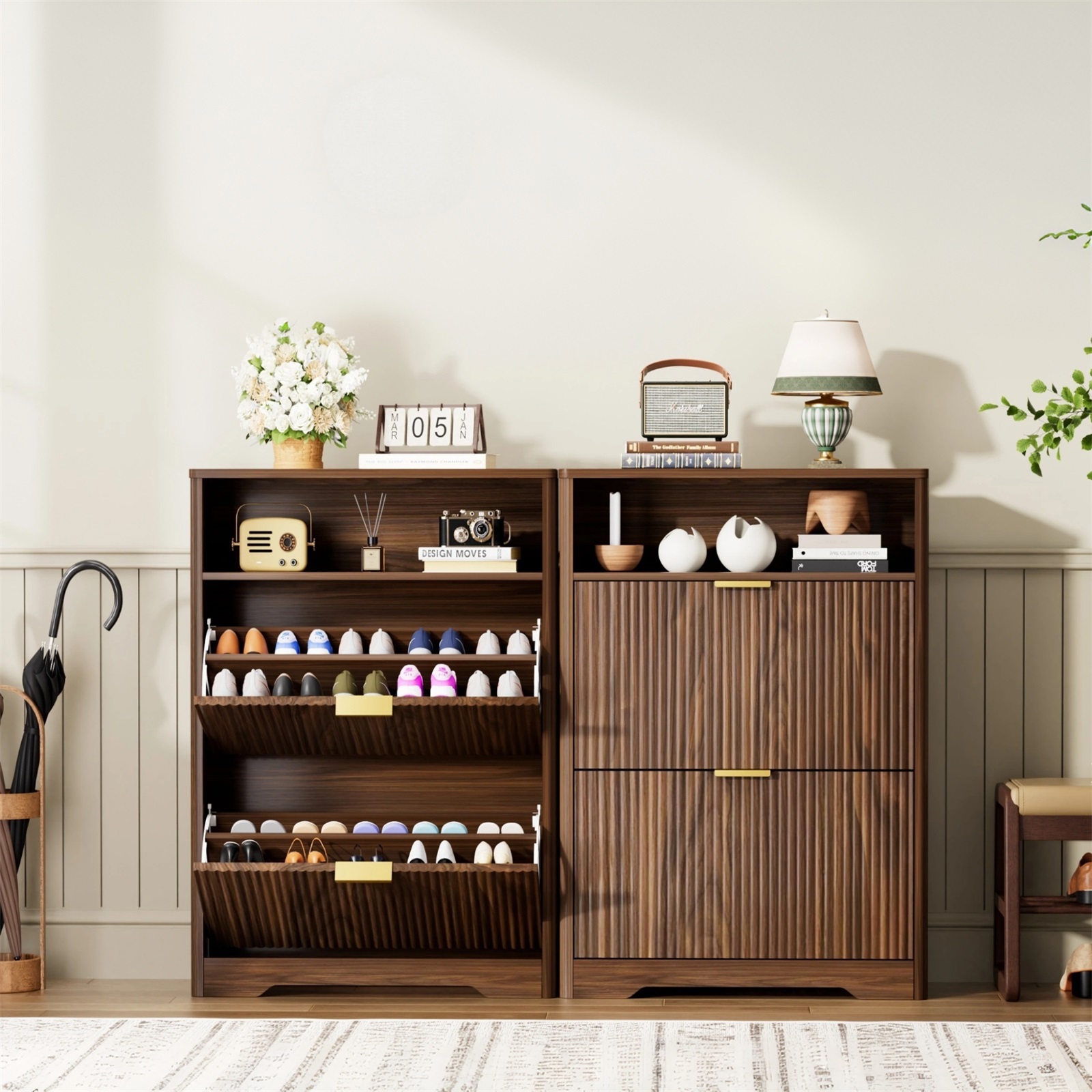 Hommoo Shoe Cabinet Storage with 2 Flip Drawers, Tall Freestanding Shoe Rack Organizer for Entryway, Foyer& Hallway, Walnut
