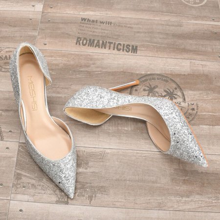 

YCNYCHCHY Big Size 34-46 Elegant Romantic Shiny Pumps Fashion Woman Sequin Stilettos High Heels Work Pointed Toe Wedding Shoes