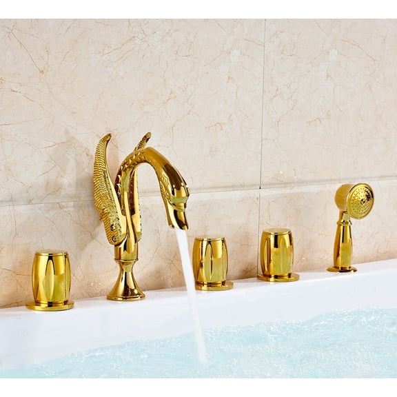 Juno Deck Mount Gold Triple Handle Bathtub Faucet with Hand Shower