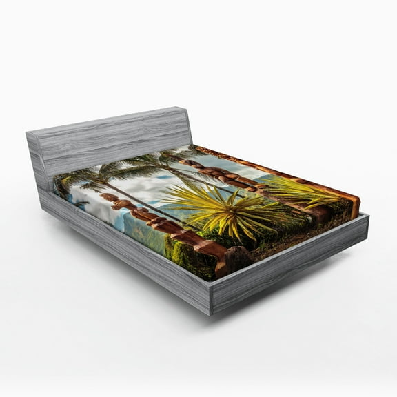 Ambesonne Hawaii Fitted Sheet, Tiki and Palm Trees, Full Size, Brown Green