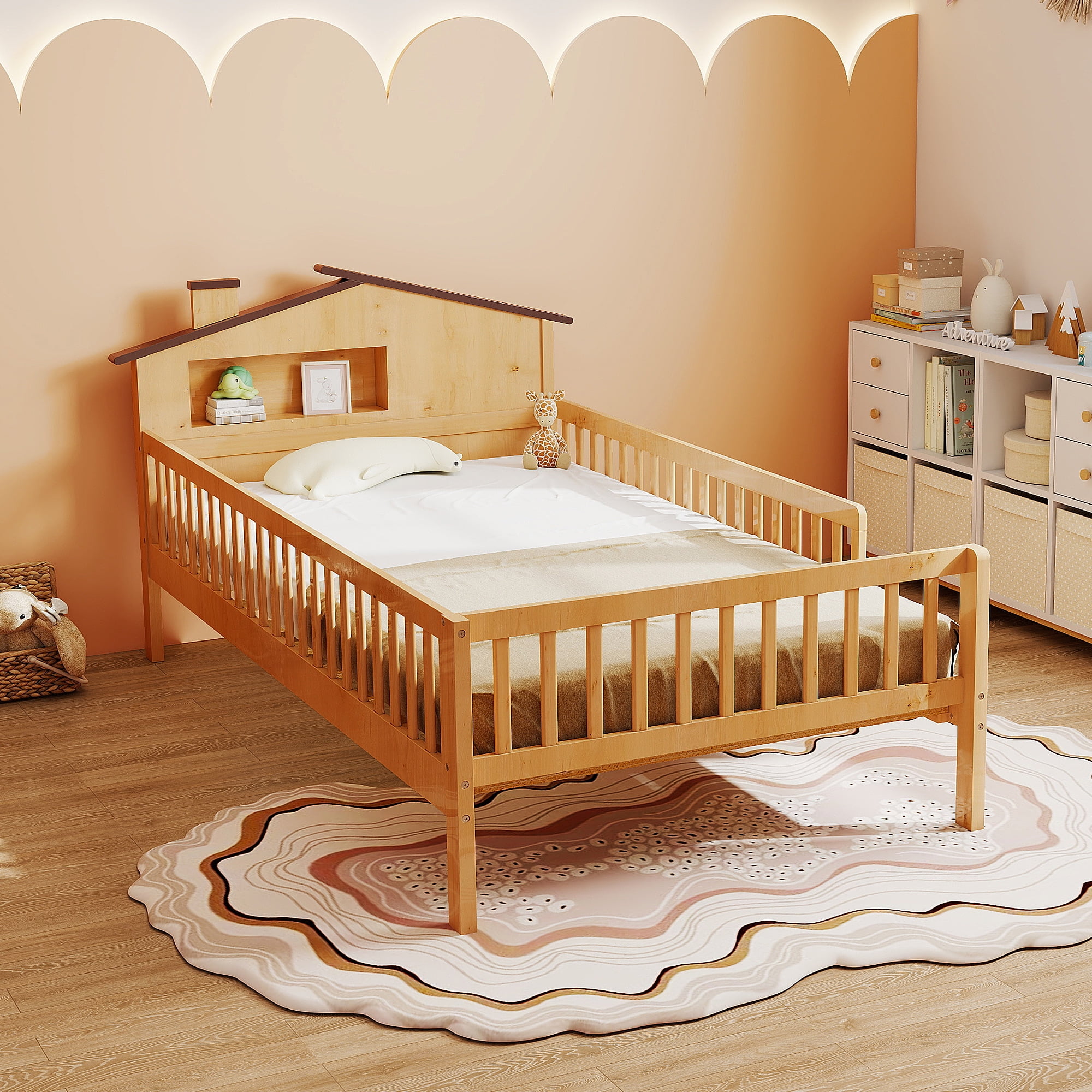 Twin Size Bed Frame with Storage- Twin Bed Frame with Solid Wood House Headboard & Safety Guardrails, No Box Spring Needed