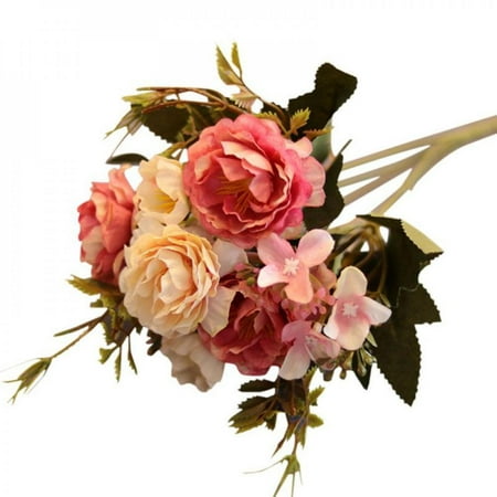 Simulation Bouquet Small Bud Silk Peonies with Leaves Simulation Flowers Peonies Plants with for Home Wedding Decoration