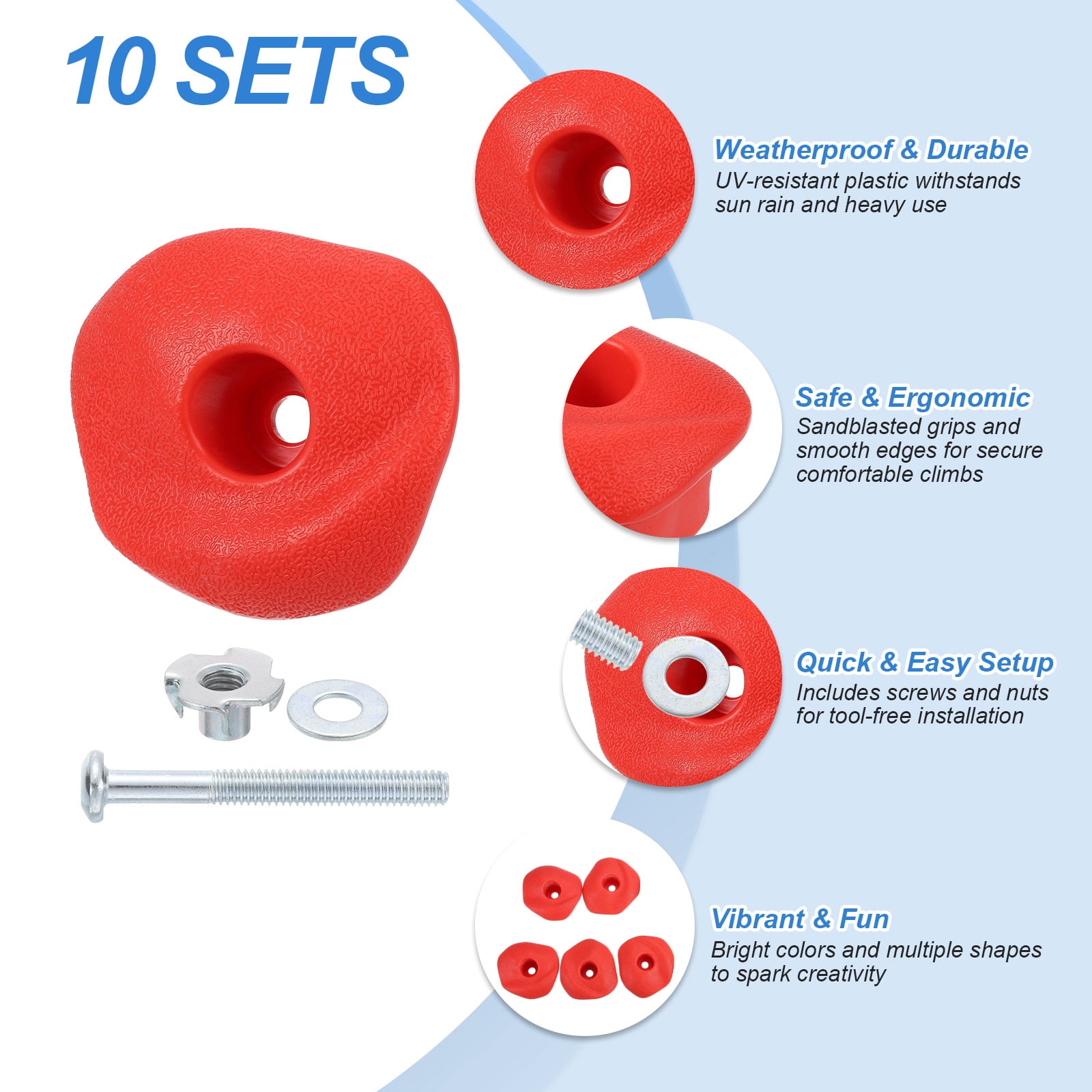 Rock Climbing Holds, 10 Pcs Climbing Rock Wall Grips with Single Holes for Playground Accessories, Red-B