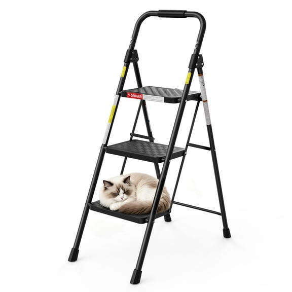 LevLad 3 Step Ladder, Folding Step Stool with Anti-Slip Pedal, Sturdy Steel Ladder, Convenient Handrail, Lightweight, Portable, Black