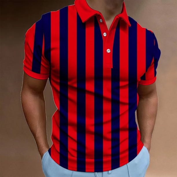 Blusa y camisa de manga corta con cuello vuelto Camisa casual de manga corta para hombre con estampado de rayas Camisa de manga corta con cuello vuelto para hombre