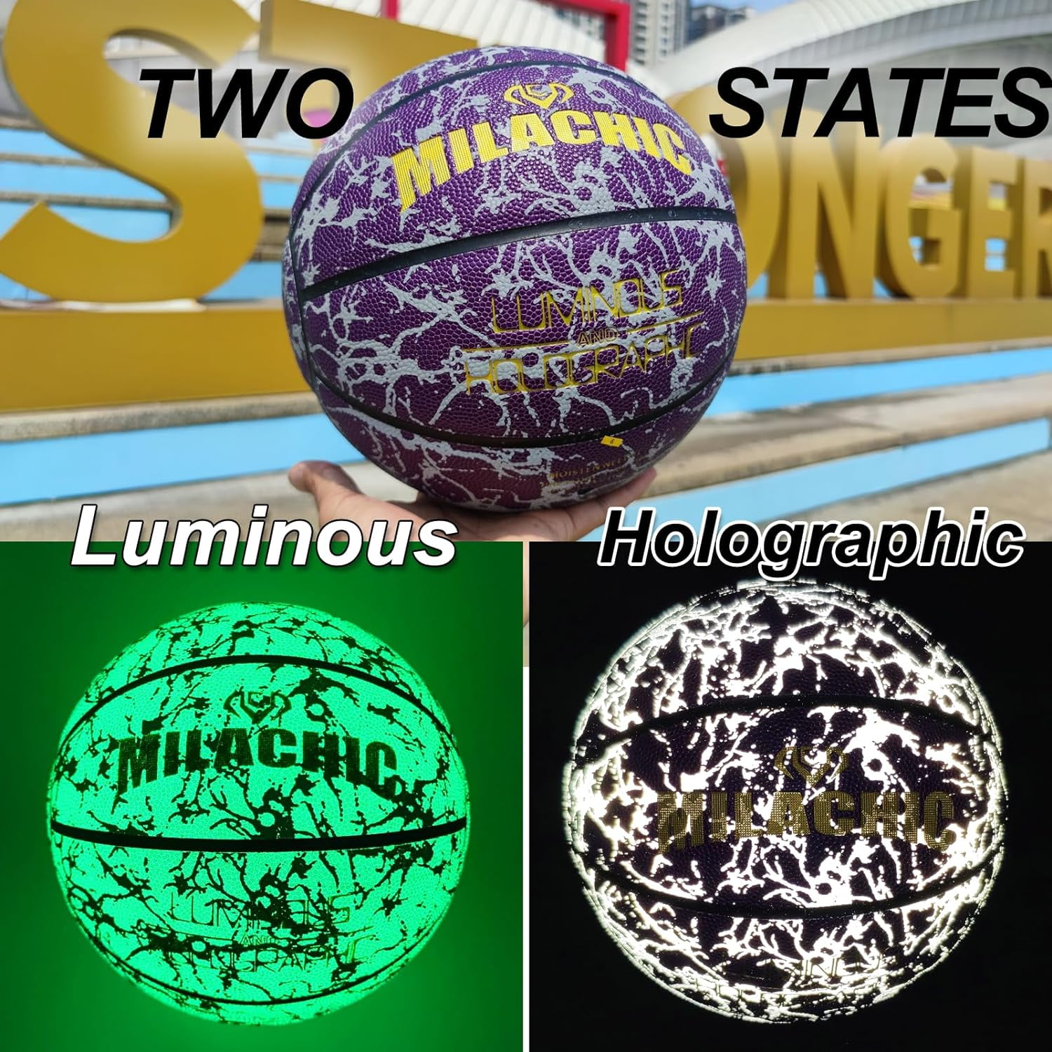 Basketball, Glow in The Dark Holographic Basketball, Official Size 7 Indoor Outdoor Luminous Glowing Leather Basketball 29.5" - with Pump