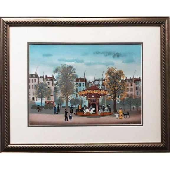 Michel Delacroix "Carousel" Framed Stone Signed Lithograph Art Generic