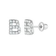 925 Sterling Silver Initial "B" Clear CZ Alphabet Screw Back Earrings for Girls