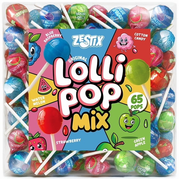 Zestix Lollipops Mix 65ct, Bulk Candy Suckers, Individually Wrapped Assorted Lollipop Candy for Kids, Parties, Goodie Bags & Party Favors
