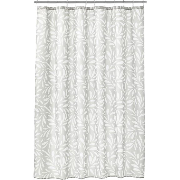 Decorative Leaf Print Easy Care Fabric Shower Curtain with Reinforced Buttonholes for Bathroom Showers, Stalls, and Bathtubs - Machine Washable - 72" x 72" - White/Stone Gray