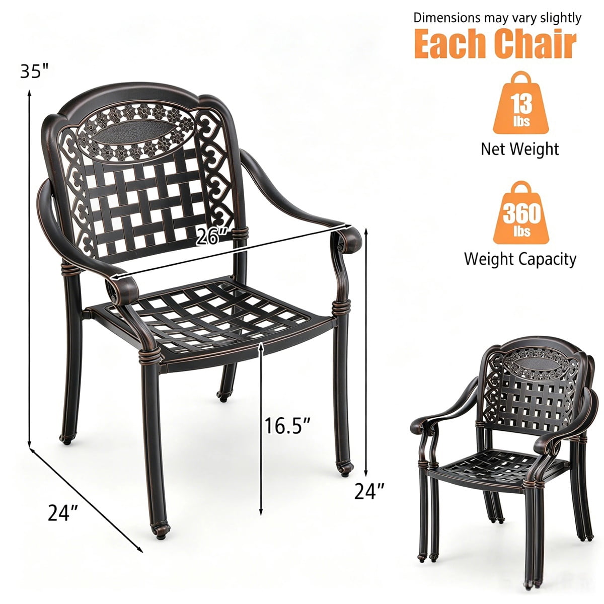 Hommoo 2-Pack Stackable Cast Aluminum Outdoor Patio Dining Chairs with Armrests, All-Weather, Indoor/Outdoor Use, Bronze