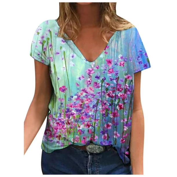 Moda Mujer Cuello en V Manga corta Impresión Jersey Blusas sueltas Tops Camiseta OAVQHLG3B Store lin121212