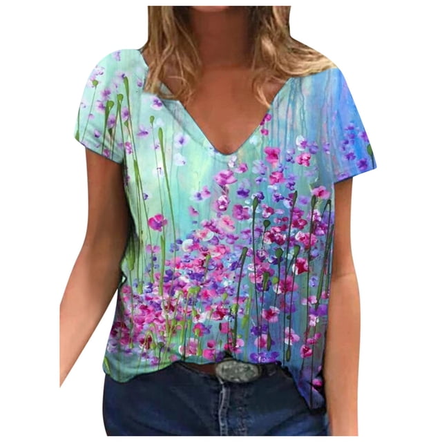 Moda Mujer Cuello en V Manga corta Impresión Jersey Blusas sueltas Tops Camiseta OAVQHLG3B Store lin121212