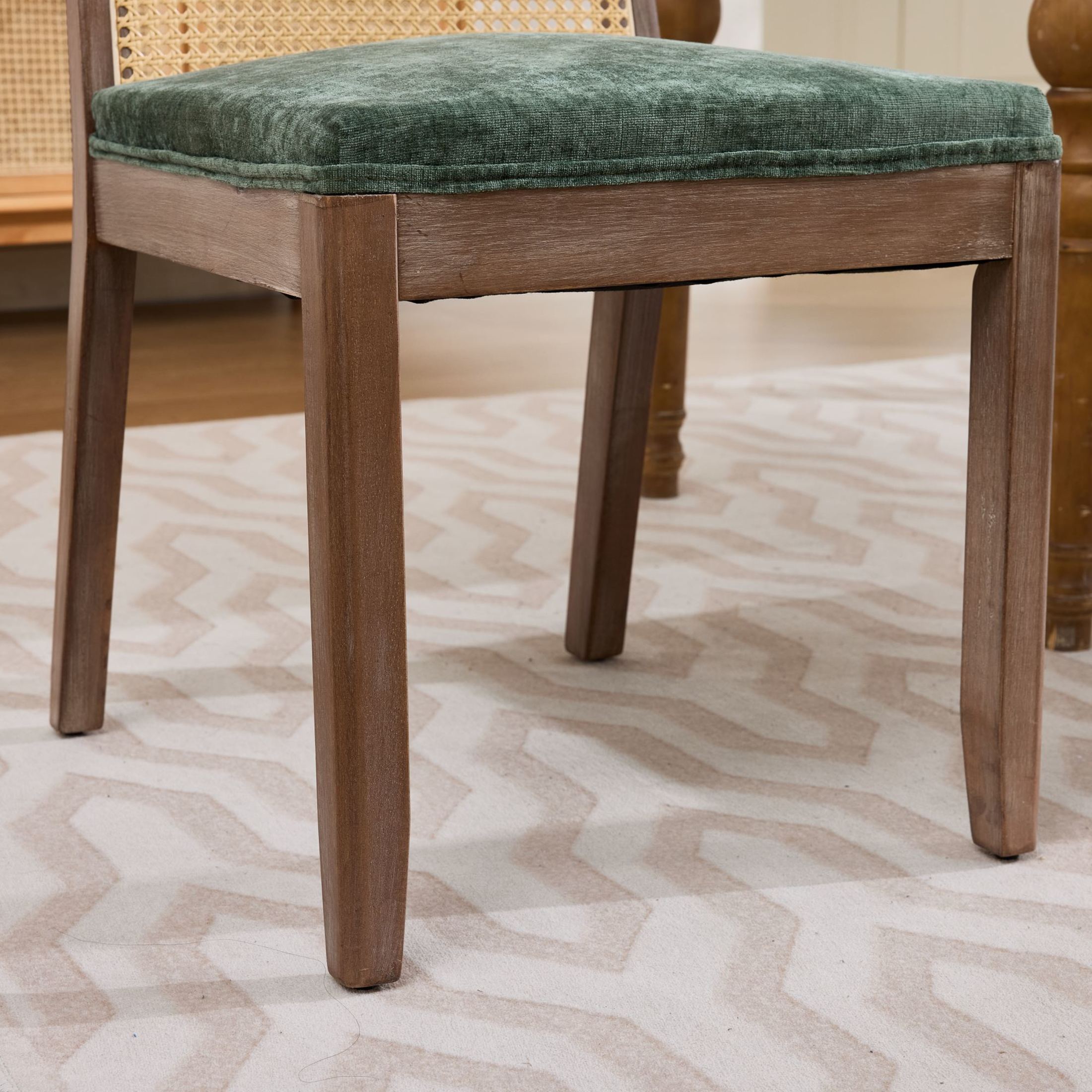 Noble House Set of 2 Dining Chairs, Curved Cane Back, Chenille Upholstered Seat, Olive Green