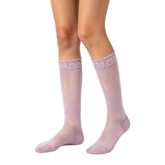 Yuanlong Womens Knee-High Socks Lace Solid Soft Fishnet Stockings Breathable Elegant Holiday Hosiery