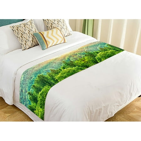 Birds Eye View Bed GCKG Green Forest Landscape Bed Runner, Beautiful Bird Eye View on Pines in the Morning Sun Light, Alpine Mountains Bed Runners Scarves Bed Decoration 20x95 inch ()