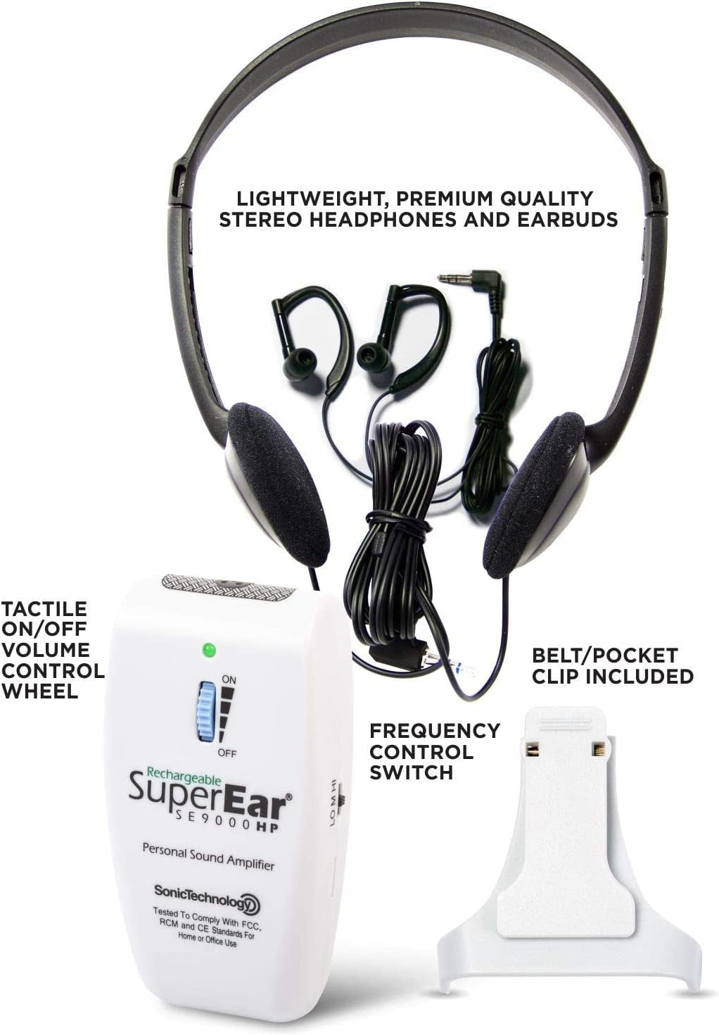 SuperEar Rechargeable Personal Sound Amplification SE9000HP Complete System 50dB, 3 Tone Frequency