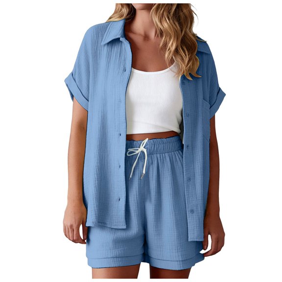 QGJZVUNL Cotton Linen 2 Piece Sets for Women Summer Clothes Short Sleeve Button Down Shirts and Drawstring Shorts Lounge Outfits Size 2XL