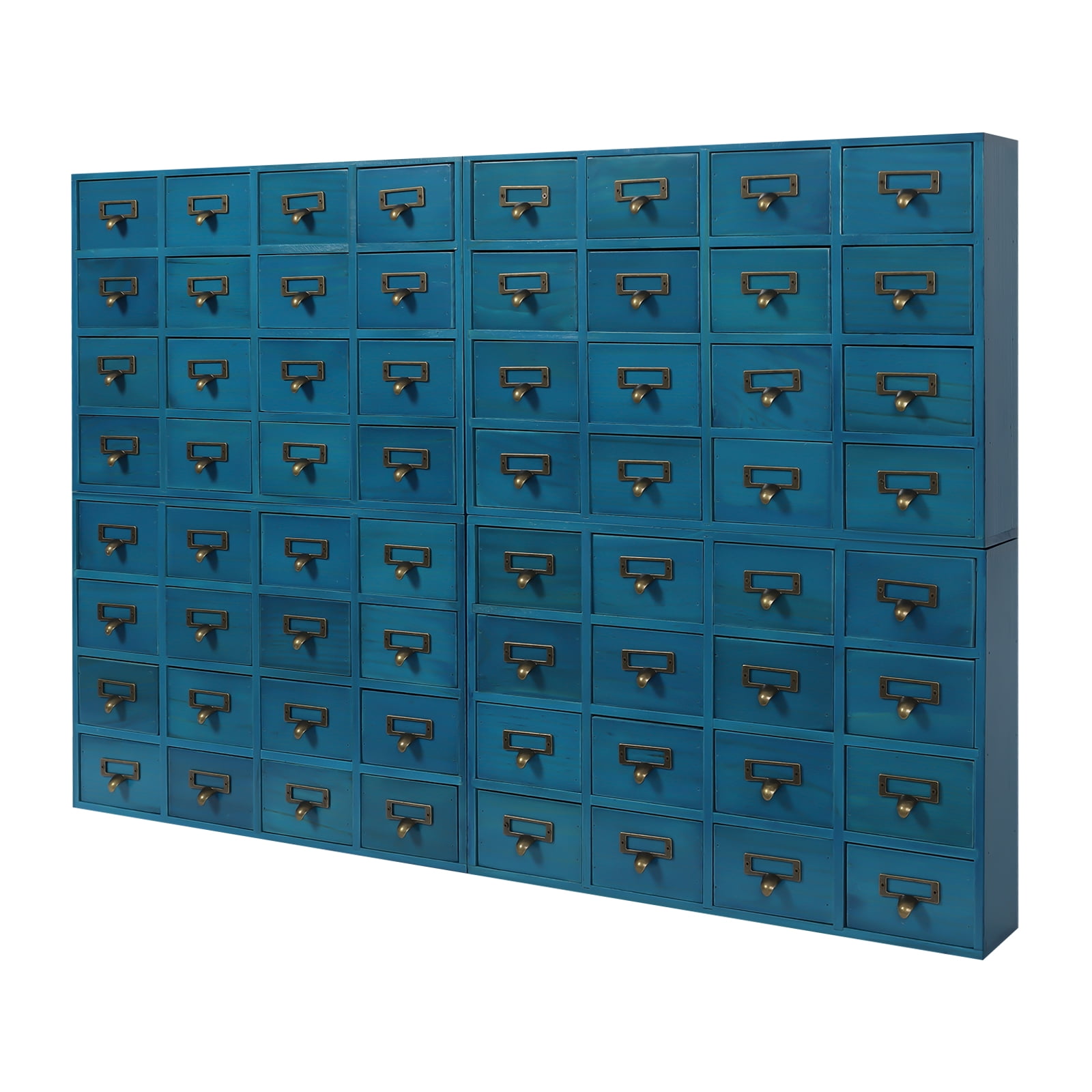 64 Drawers Drawers Storage Cabinet, Apothecary Cabinet with Labels Apothecary Desk Drawer Organizer Tea Coffee Pod Storage Tool Wooden Card Catalog Storage Box for Home, Office, Shop (Blue 4 PCS )