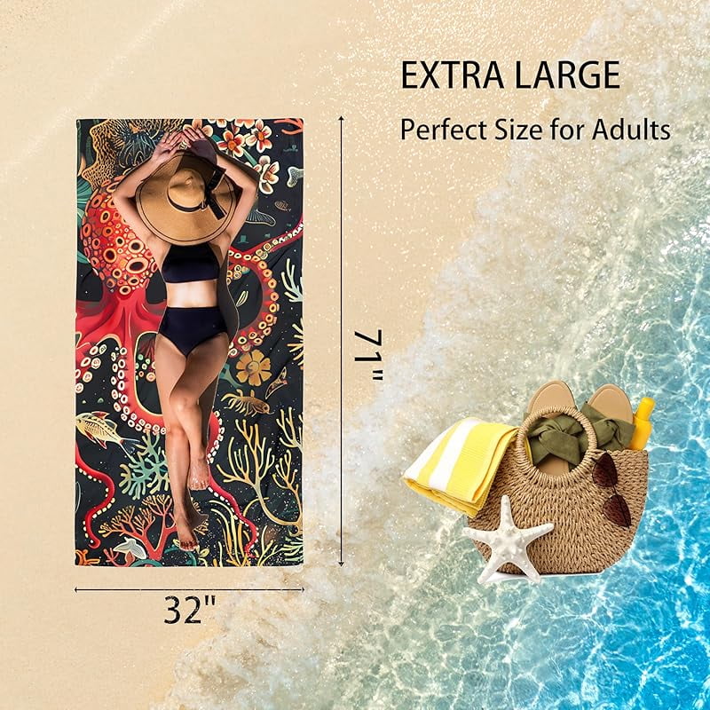 Red Octopus Oversized Sand Free Beach Towel 71x36IN Lightweight Quick Dry Terry Towel For Travel, Swimming, Pool, And Camping, Absorbent And Compact Beach Essential For Women And Men