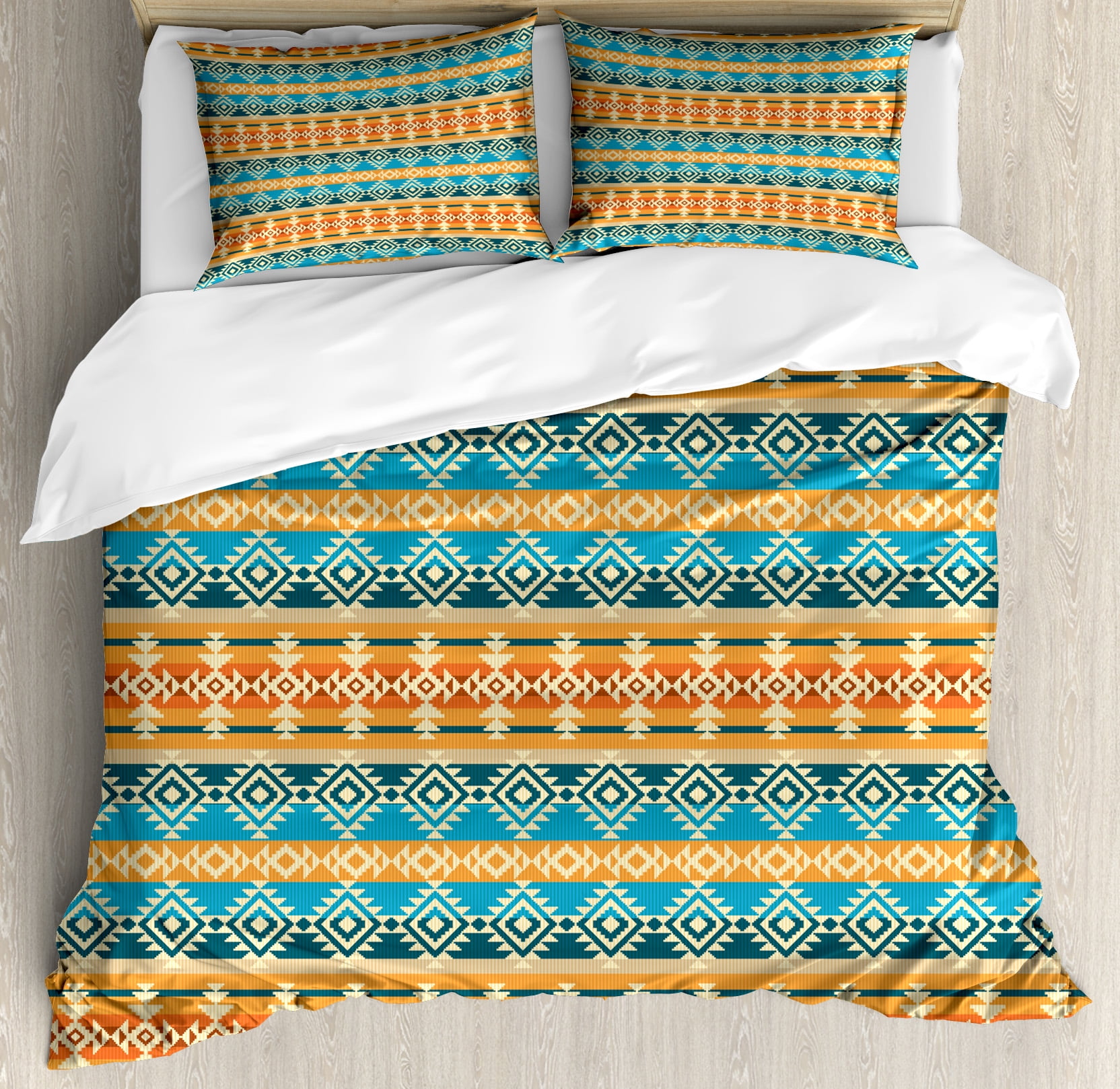 Southwestern Duvet Cover Set, Striped Backdrop with Geometric Tribal Motifs Native Mexican