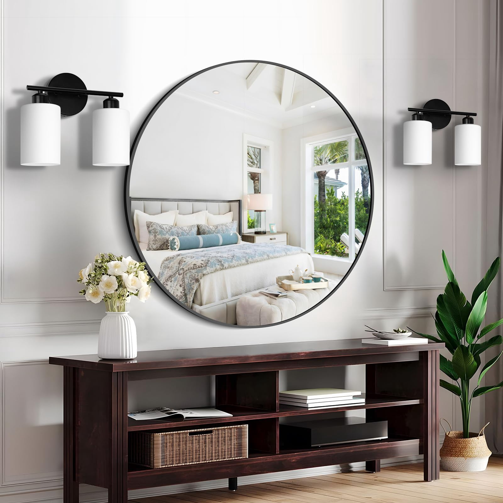 2-light Bathroom Light Fixtures  Black Modern Vanity Lights With Milky White Frosted Glass Shades Wall Sconce For Bedroom Living Room And Hallway 2-pack